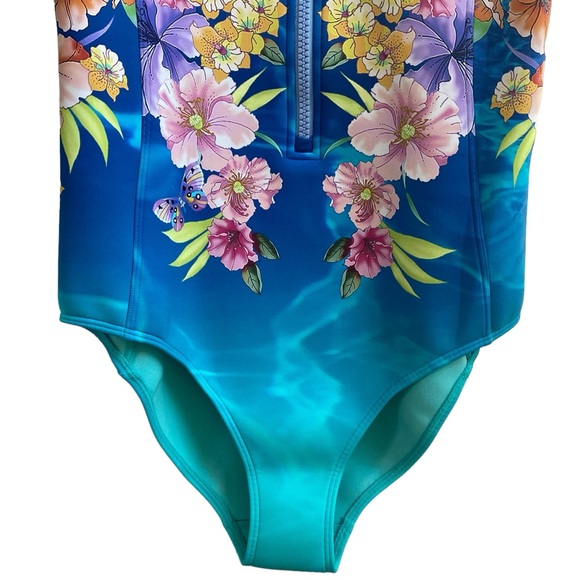 Johnny Was Swimsuit One Piece Zip Neoprene Blue Teal Tie Dye Floral Medium - Picture 6 of 13
